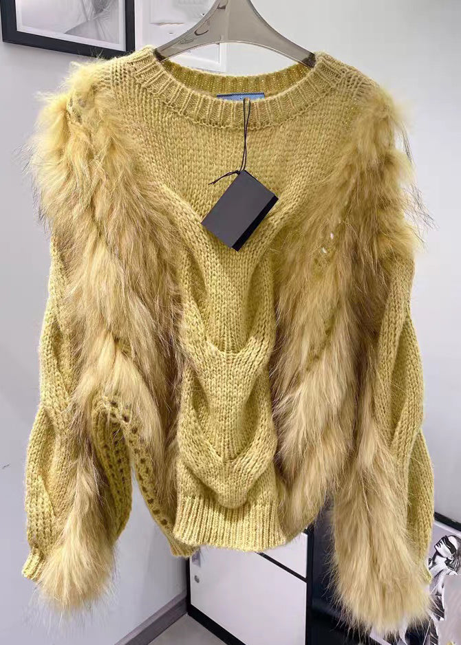O-Neck Sweaters Fashion Knit Fall Fluffy Fur Fuzzy Yellow Cotton Cozy