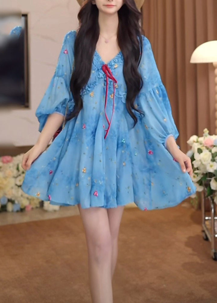 Dresses Blue Sleeve French Puff Ruffled Print Chiffon