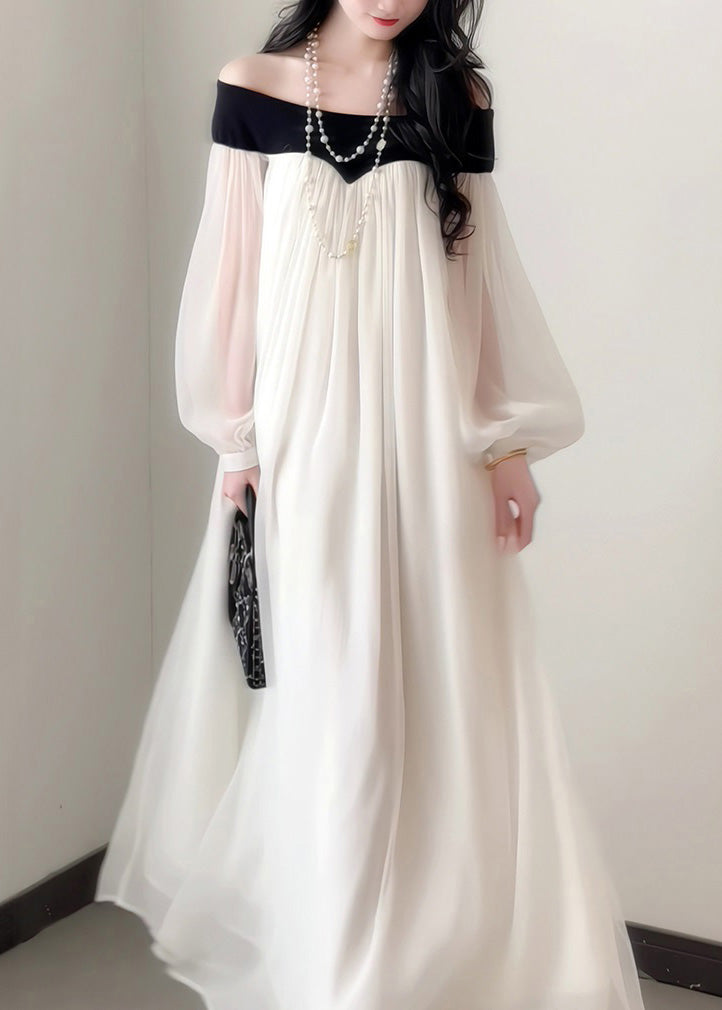 Elegant Chiffon French Neck Dress Slash Sleeves Lantern