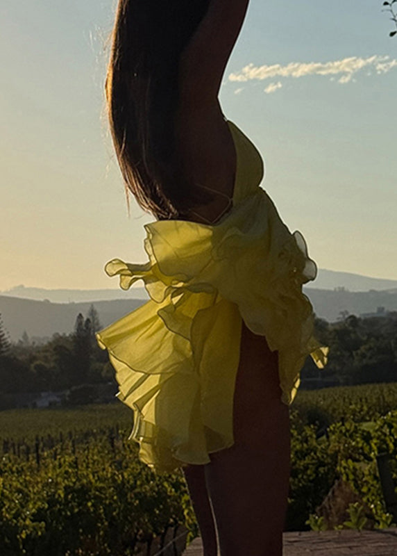 Mid Neck Patchwork Strap Spaghetti Backless Yellow Italian V