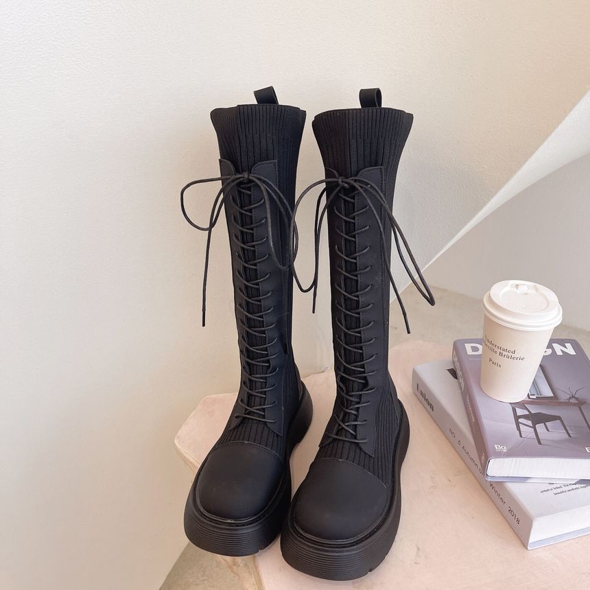 Knit Boots Panel Platform Lace-Up Tall
