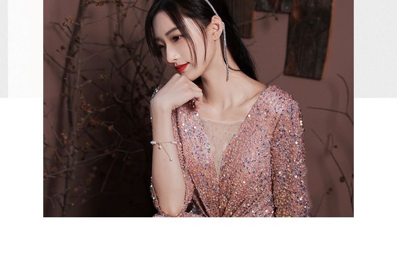 3/4-Sleeve A-Line Evening Gown Sequined