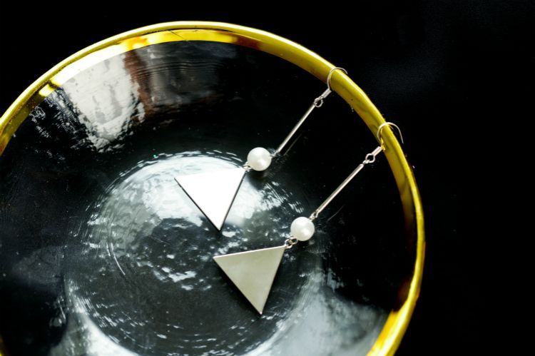 Pearl Faux Earring Dangle Triangle Sterling Silver