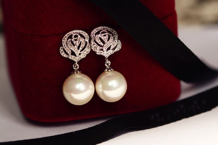 Rose Dangle Pearl Faux Earring Rhinestone