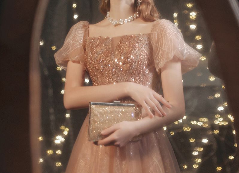 Gown Puff-Sleeve Evening A-Line Sequined