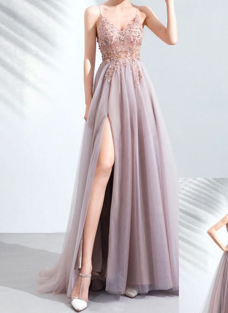 Embroidered Floral Evening Spaghetti A-Line Strap Gown