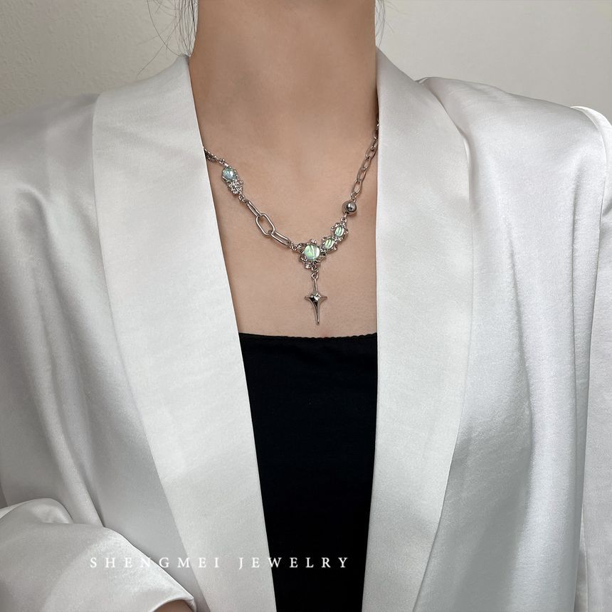 Stainless Rhinestone Pendant Star Moonstone Steel Necklace