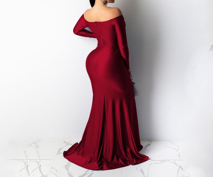 Mermaid Slit Evening Long-Sleeve Gown Off Shoulder