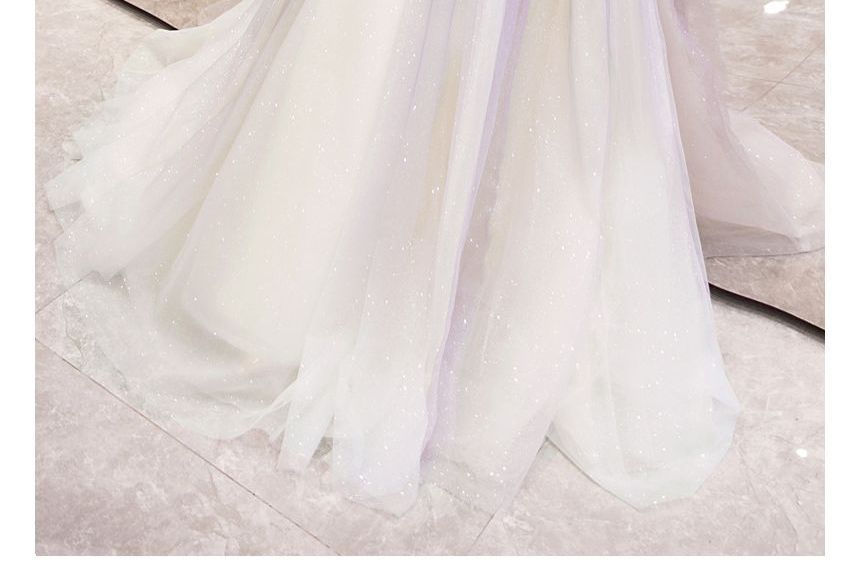 Gradient Mesh Sweetheart Strap Spaghetti Rhinestone Evening Gown Neckline A-Line