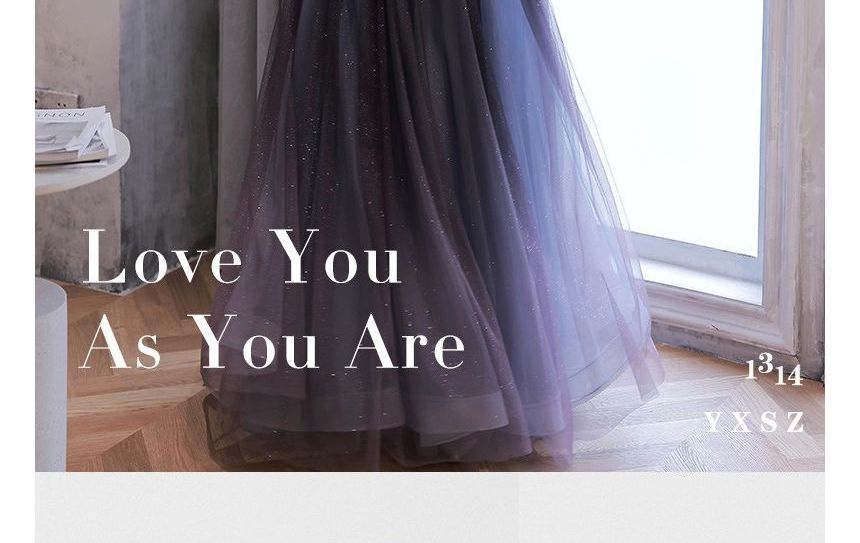 Gown A-Line Mesh Puff-Sleeve Bow Glitter Evening