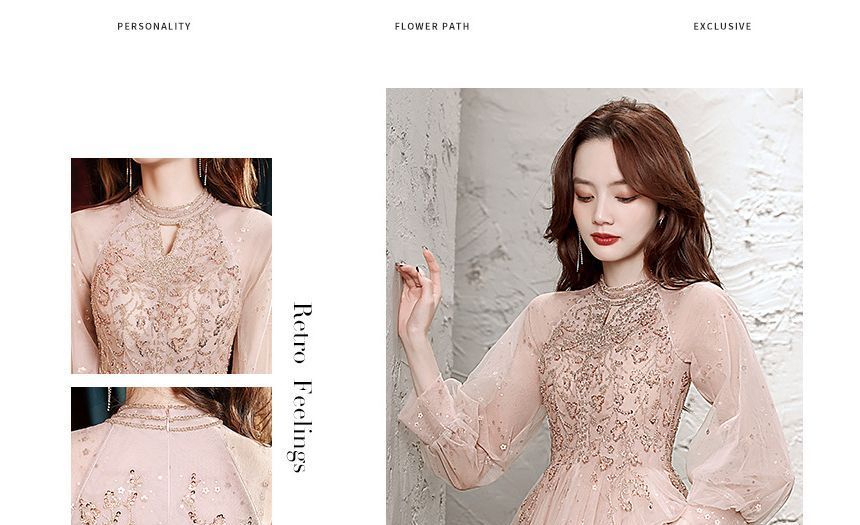 Long-Sleeve Mesh Gown Evening A-Line Sequin