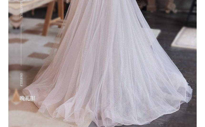 Cap-Sleeve Gown Mesh A-Line Sequin Evening