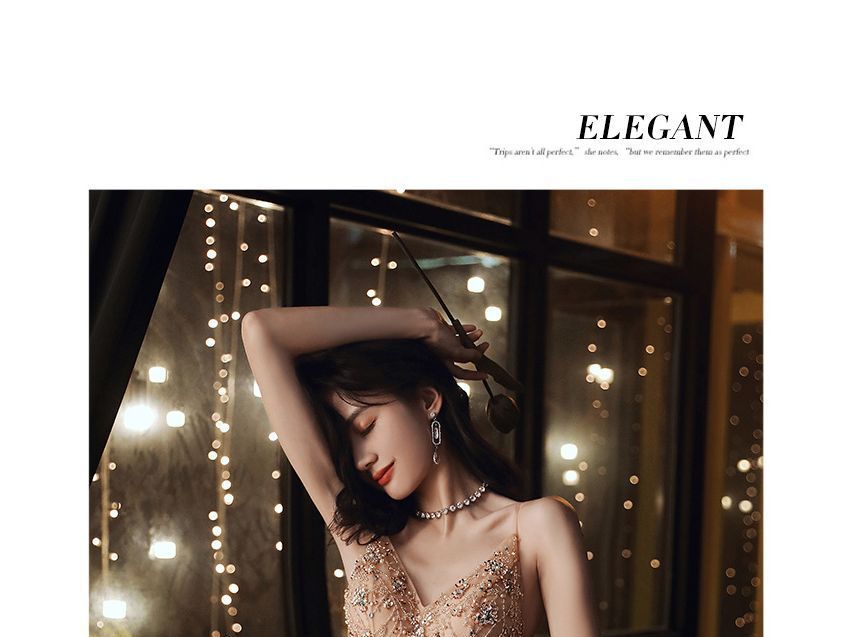 Floral A-Line Evening Gown Sequined Strap Spaghetti