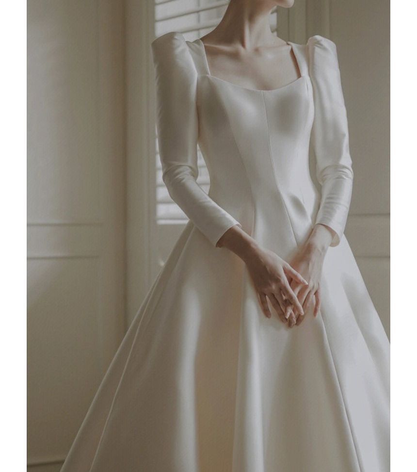 Plain Wedding Gown Puff-Sleeve A-Line Square-Neck