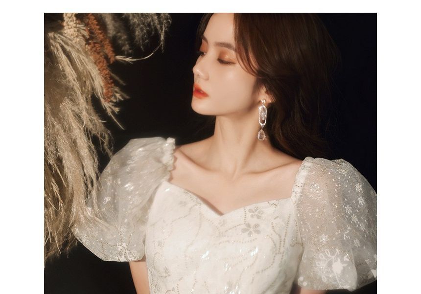 Floral Evening Gown Bow A-Line Puff-Sleeve Accent