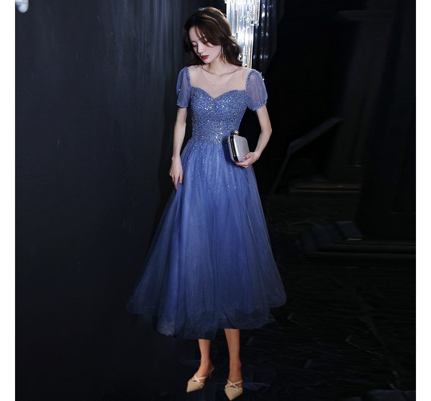 Mesh Dress Neck / A-Line Evening Short-Sleeve Cocktail Round Sequin Gown