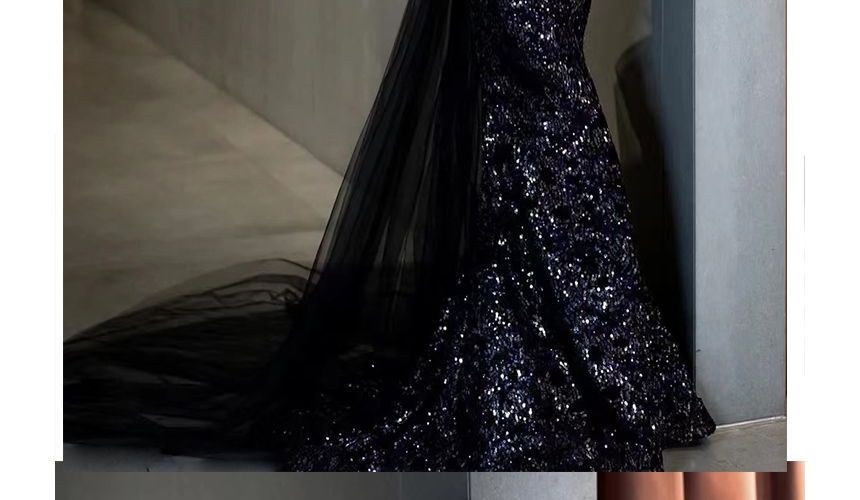 Gown Elbow-Sleeve Panel Shoulder Evening Mermaid Mesh Sequined Trained Off