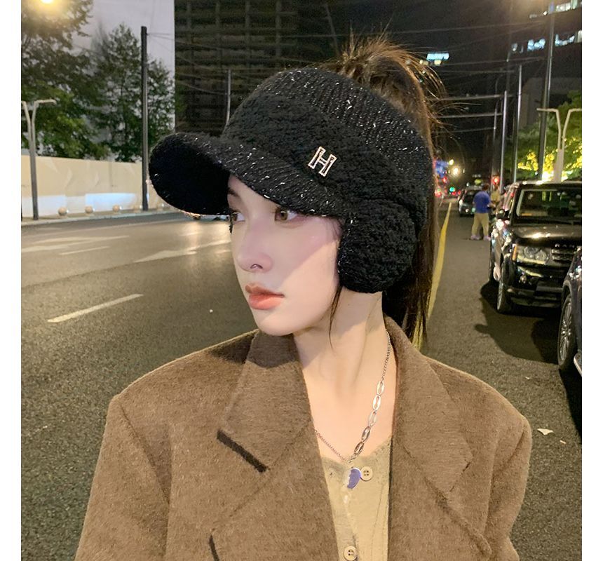 Shearling Lettering Visor Knit Hat Panel Faux