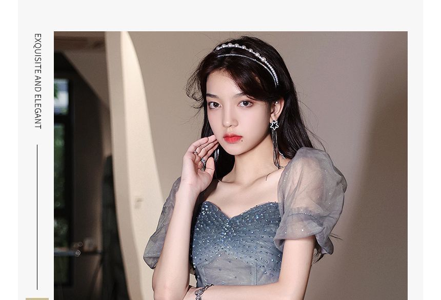 / Gradient Gown Mesh Midi Puff-Sleeve A-Line Dress Evening