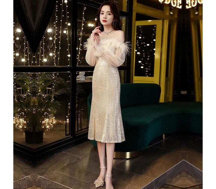 Sequin Trim Mesh Panel Furry Off-Shoulder Evening Gown