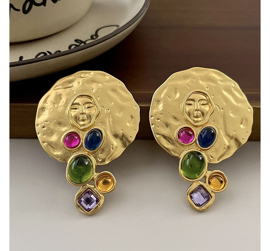 Faux Earring Stud Gemstone Disc