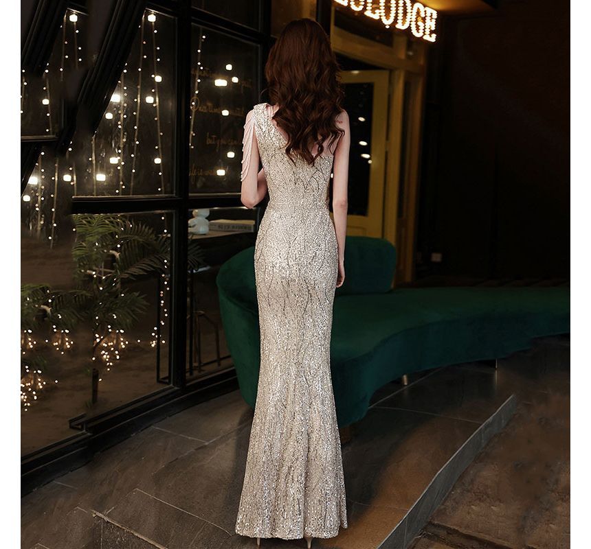 Evening One-Shoulder Sleeveless Maxi Mermaid Sequin Dress