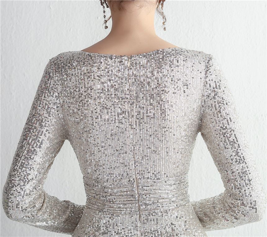 Sequin Evening Panel Slit Mermaid Plunge Deep Mesh Gown Long-Sleeve