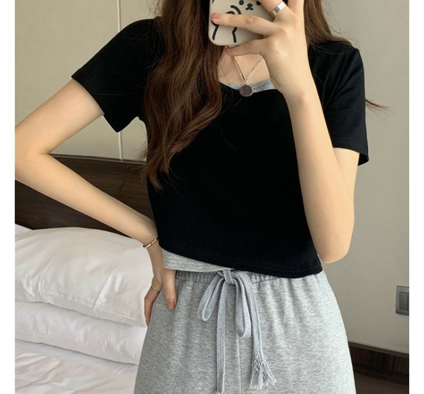 Tee Piece Mock Two Neck Scoop Short-Sleeve