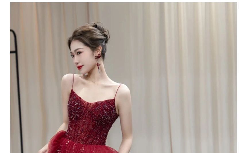 Sequined Gown Evening Spaghetti Mesh Strap A-Line