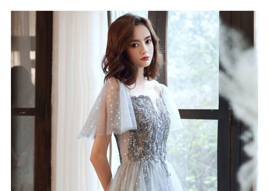Mesh Evening A-Line / Cap-Sleeve Sequin Midi Gown Dress Panel