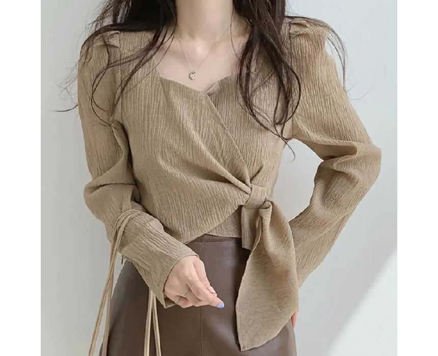 Puff-Sleeve Tie-Side Sweetheart-Neckline Plain Blouse