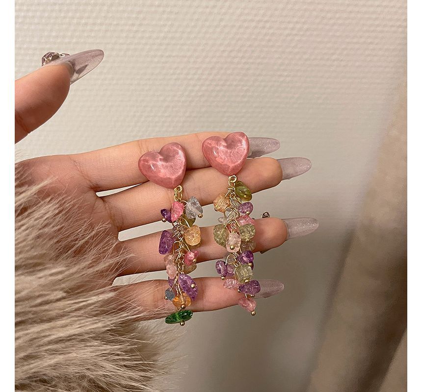 Fringed Heart Earring Alloy Crystal Faux