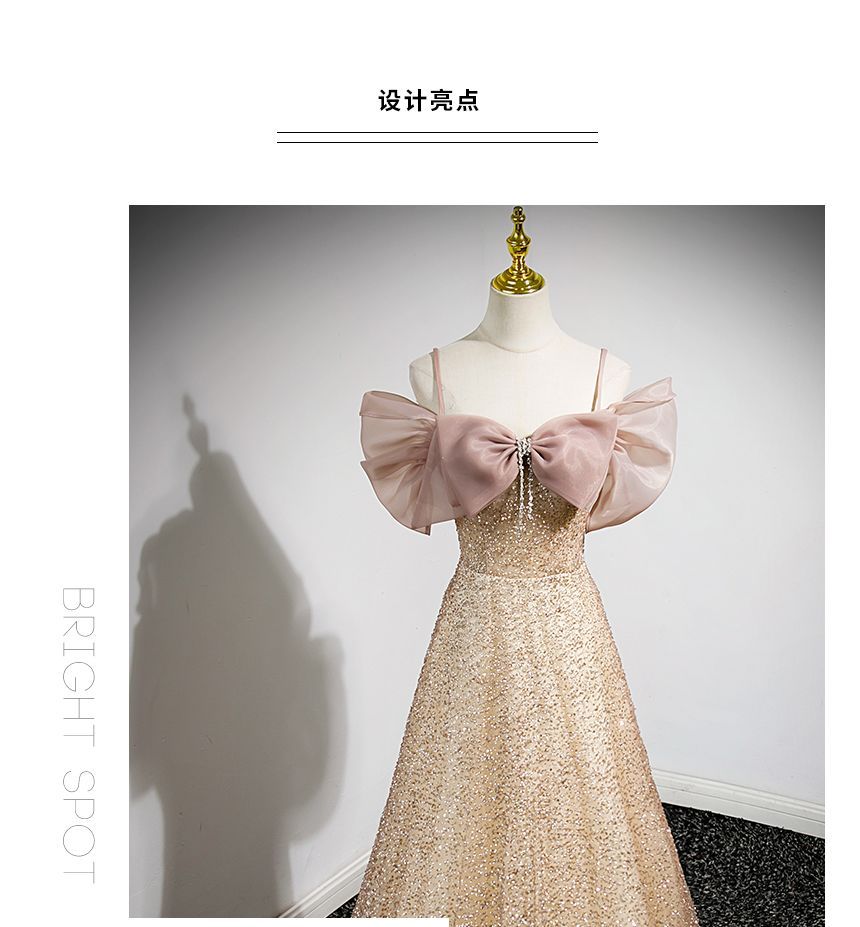 Glitter Cold-Shoulder Bow Evening Gown A-Line