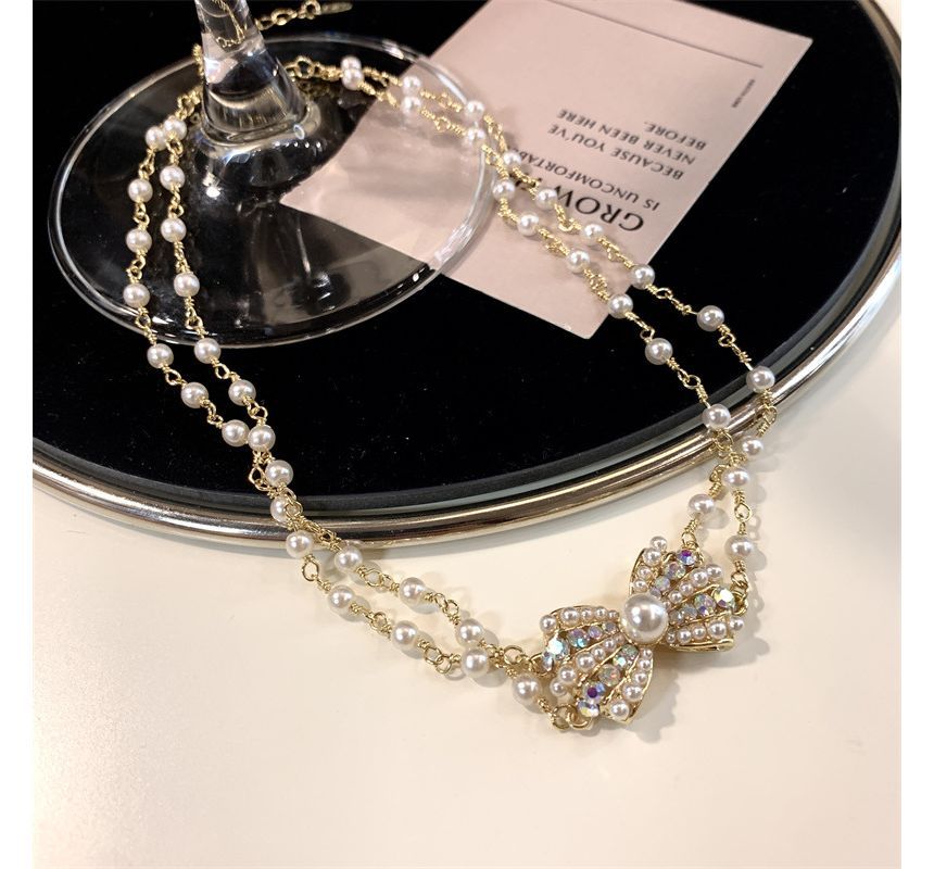 Alloy Choker Bow Faux Pearl Layered