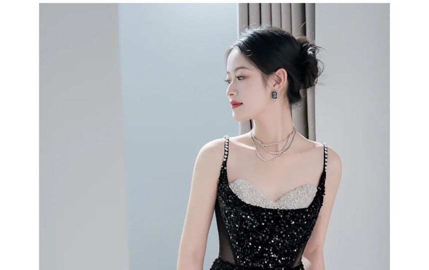 Gown Evening Strap Faux Sequined Pearl Mermaid Spaghetti Mesh Panel