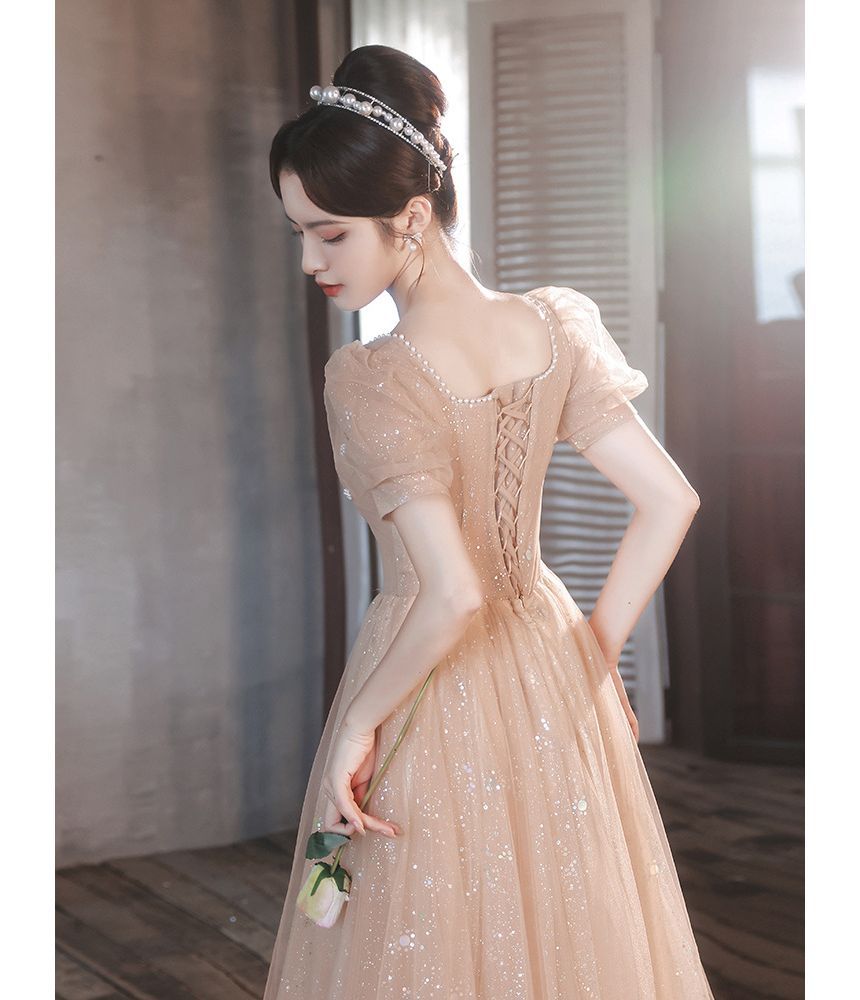 Pearl Neck Gown Short-Sleeve Mesh Evening Square Faux Glitter A-Line Trim Ruched