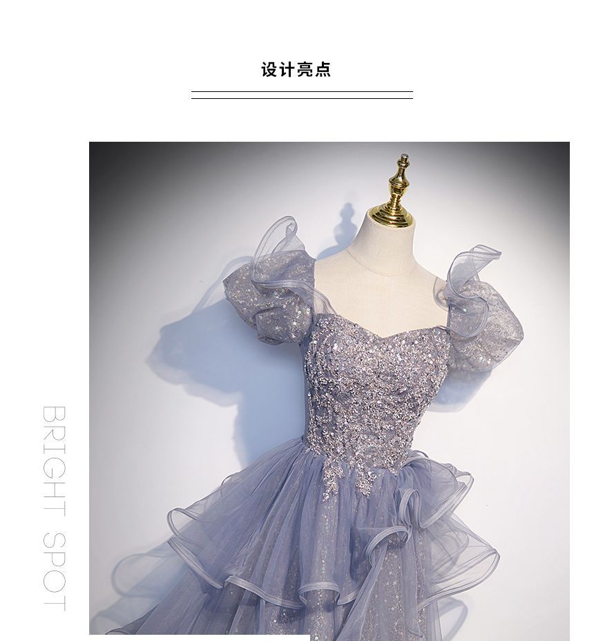 Gown Sleeve Sequin Neck Mesh Puff A-Line Panel Evening Square Ruffle