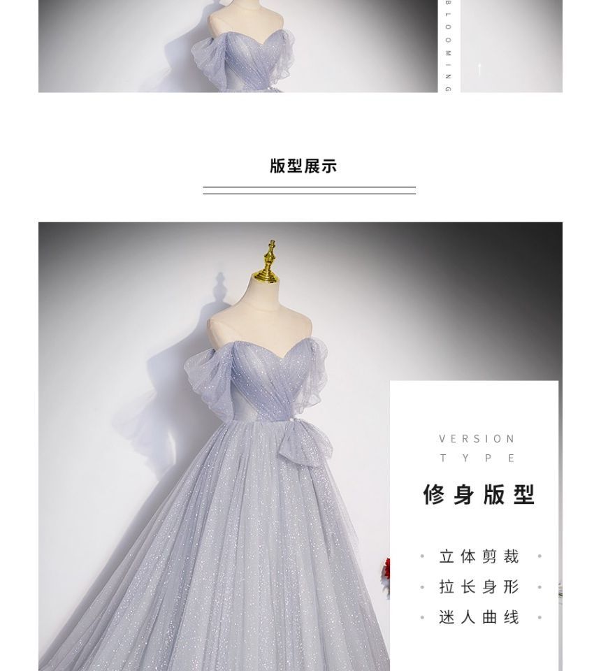 Evening Gown Short-Sleeve Mesh Off A-Line Plain Glitter Shoulder