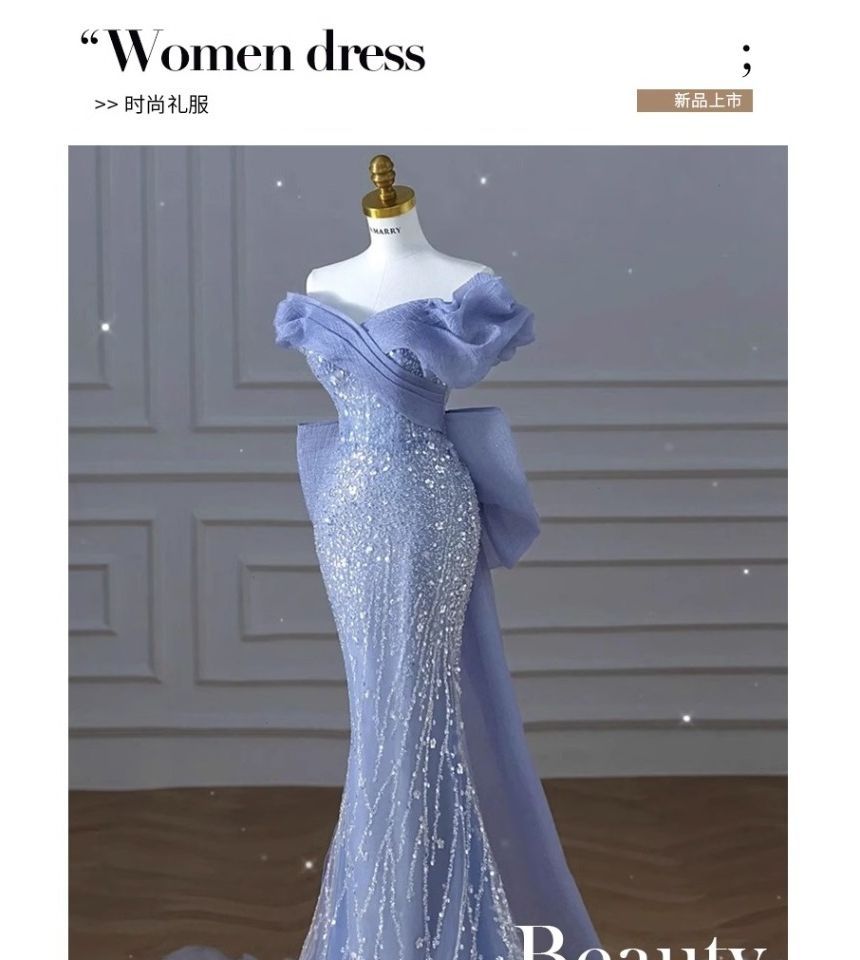 Bow Gown Short-Sleeve Sequin Panel Ruched Off Shoulder Mermaid Evening