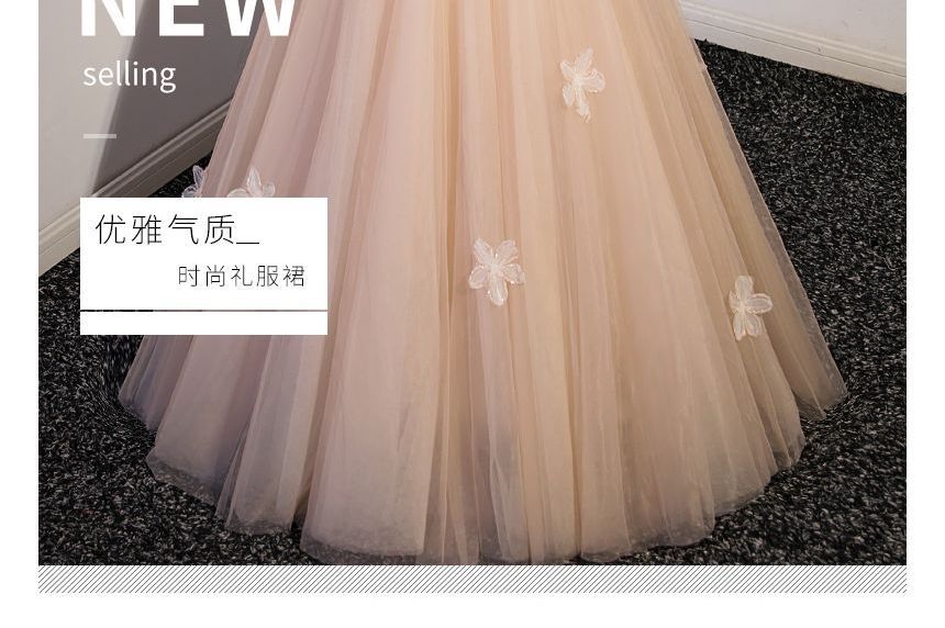 A-Line Shoulder Gown Panel Mesh Short-Sleeve Patterned Evening Off Floral