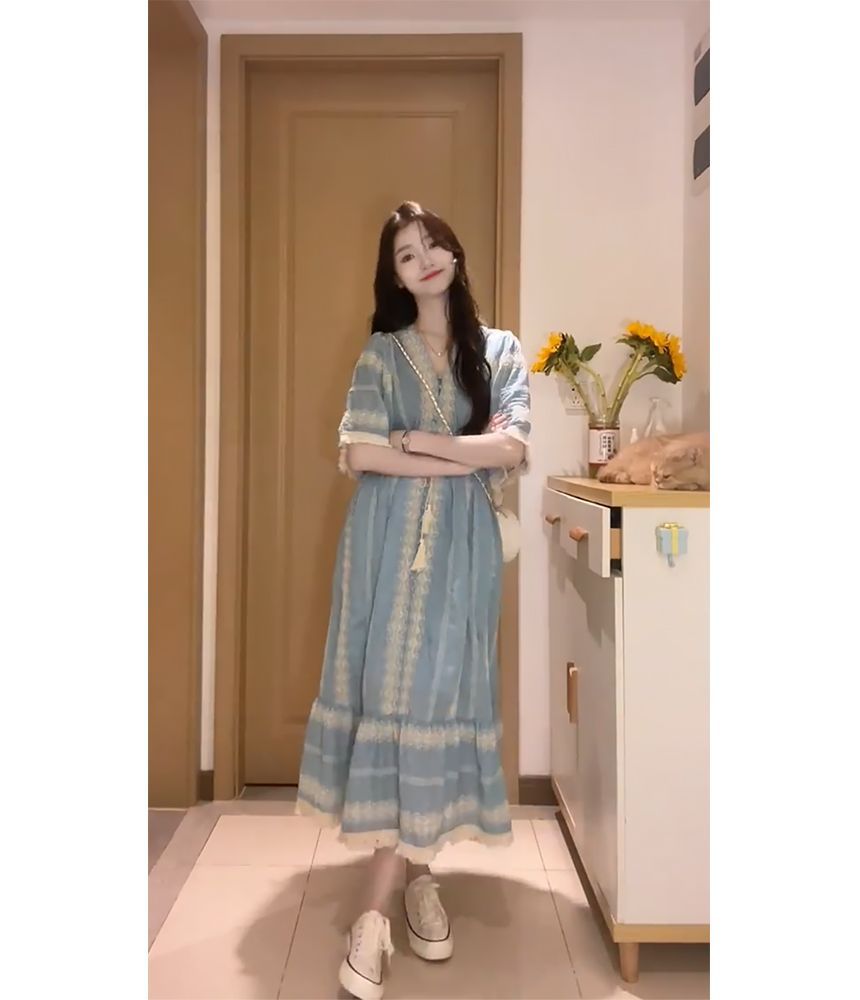 A-Line Dress Tassel Embroidered Panel V-Neck Midi Elbow-Sleeve