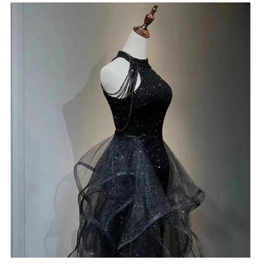 Sleeveless Plain Mesh Gown Beaded Glitter Ruffle Neck Panel A-Line Crew Evening