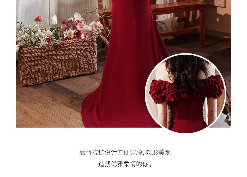 Short-Sleeve Beaded Gown Ruched Panel Shoulder Mermaid Off Plain Evening Mesh