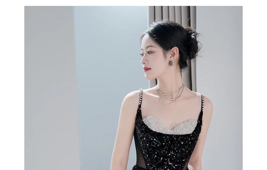 Strap Slit Evening Panel Mesh Sequin Two Tone Spaghetti A-Line