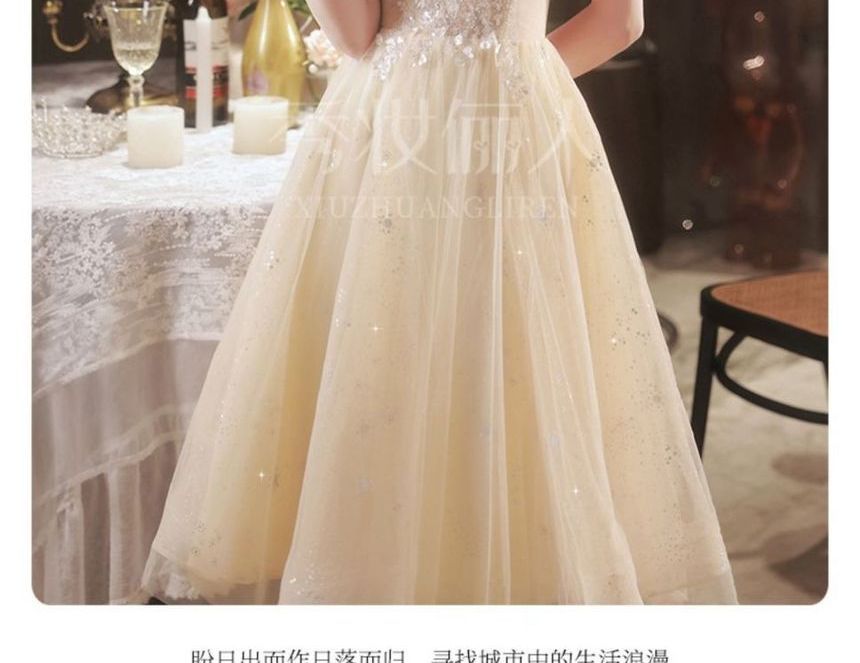 Evening Gown Square Neck A-Line Mesh Short-Sleeve