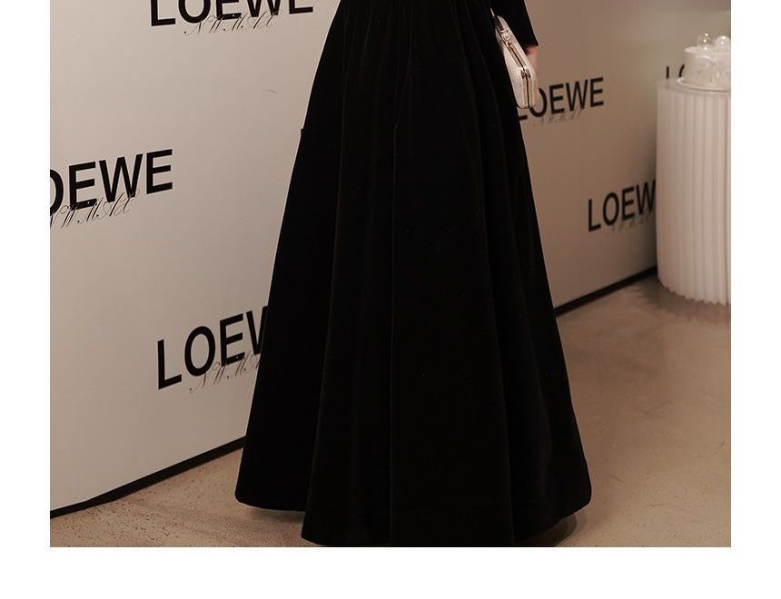 Neck Rhinestone Long-Sleeve Square A-Line Evening Plain Gown