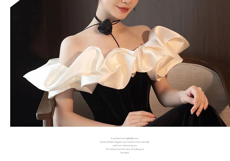 Ruffle Floral Two Set: Gown Velvet Off-Shoulder Evening Mermaid Choker Tone +