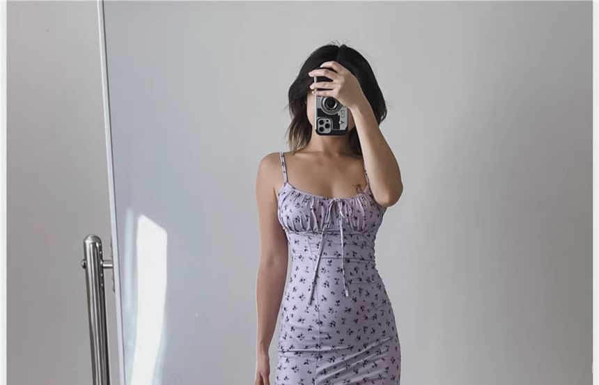 Spaghetti Strap Ruched Dress Midi Bodycon Print Scoop Floral Neck