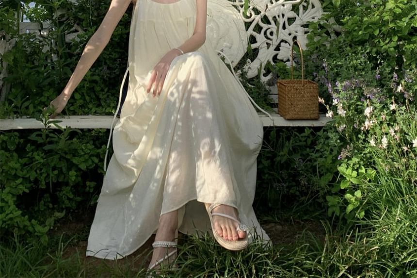 Dress Strap Plain Maxi Back Open Neck A-Line Scoop Spaghetti