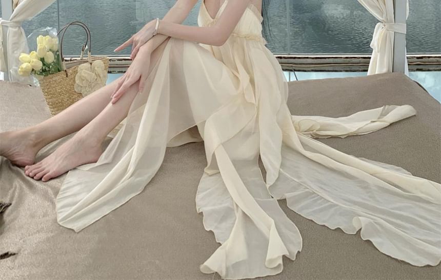 Trim Back Maxi Dress Neck Open Ruffle Plain Frill A-Line Asymmetrical Halter